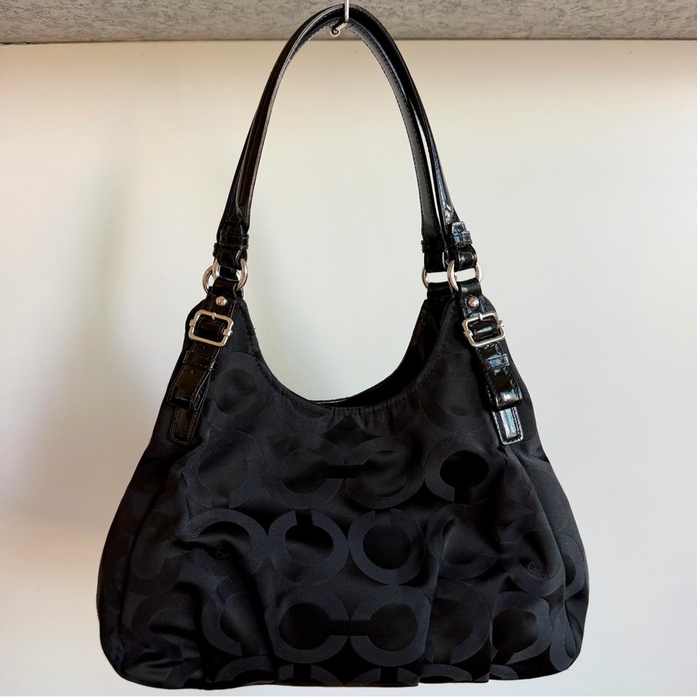 Coach Black Madison Op Art Sateen Maggie Shoulder Bag with Silver Accents - Picture 2 of 16